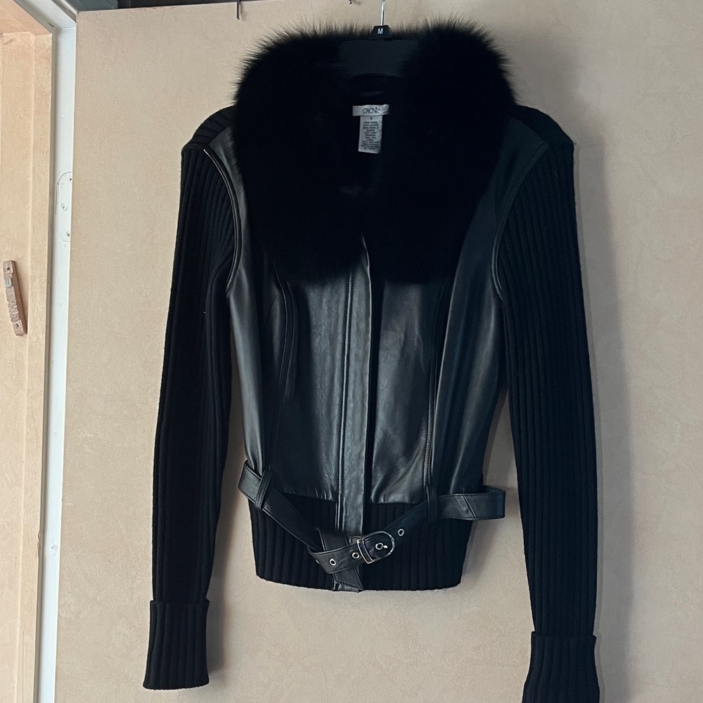 Cache Black Leather with Genuine Fox Collar Zip Sweater/Jacket, Size Small